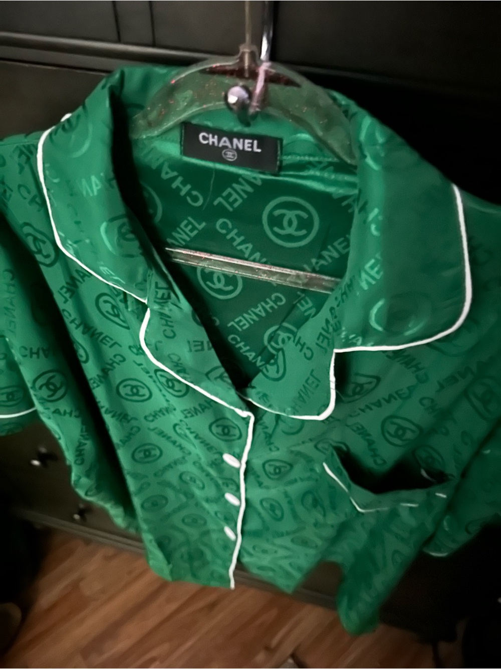 Green Logo-Print Silk Pajama Set